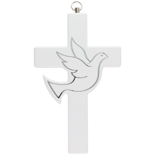 Croix à suspendre en bois avec colombe argentée. H. 14.5 cm