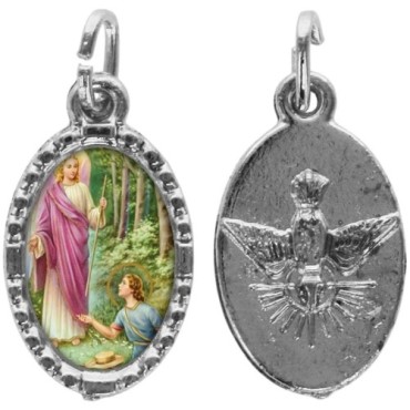 Médaille ovale métal argenté, rebord torsadé, résine. H : 1,5 cm. Différents Saints disponibles.
