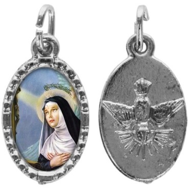 Médaille ovale métal argenté, rebord torsadé, résine. H : 1,5 cm. Différents Saints disponibles.