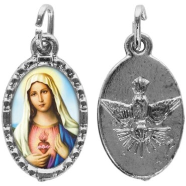 Médaille ovale métal argenté, rebord torsadé, résine. H : 1,5 cm. Différents Saints disponibles.