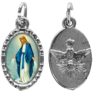 Médaille ovale métal argenté, rebord torsadé, résine. H : 1,5 cm. Différents Saints disponibles.