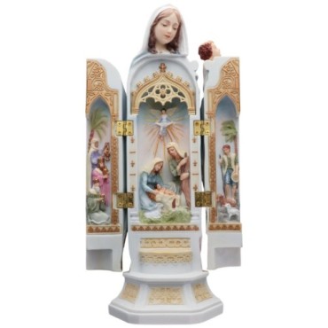 Statue en polystone polychrome peinte a la main Vierge a l'enfant, avec représentation de la nativité a l'interieur H.29 cm