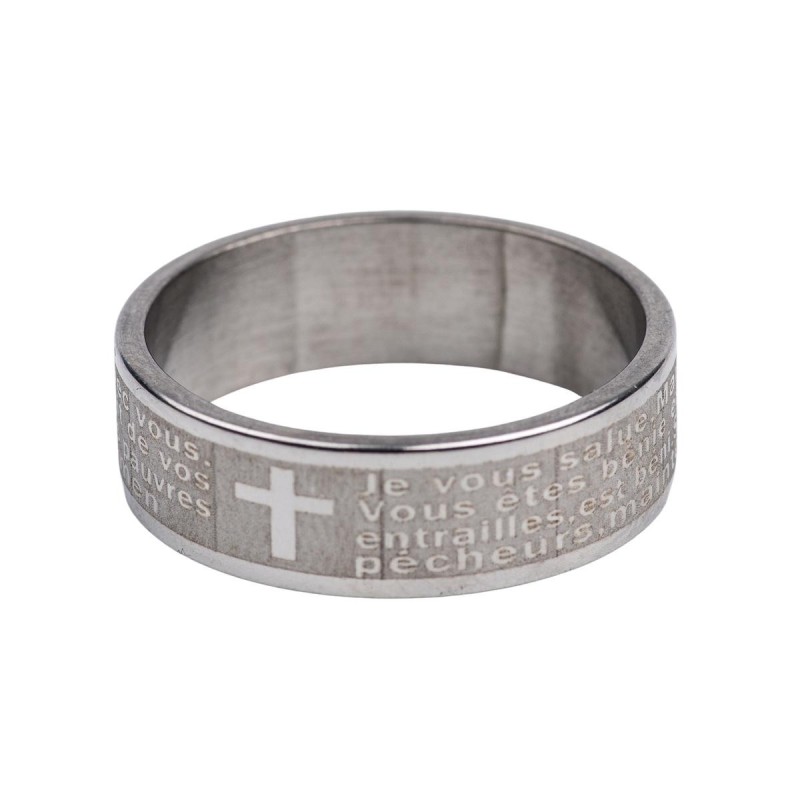 Bague en acier inoxydable avec prière « Je vous salue Marie ». Plusieurs tailles.