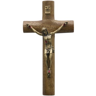 Crucifix cylindrique en bois à suspendre, avec Christ bronze portant les Saintes Plaies. H : 12 cm.