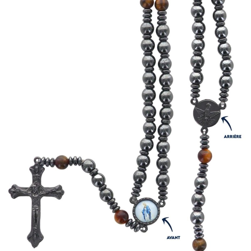 Chapelet sur élastique Grains en hématite et pater en œil de tigre Ø 6 mm. Longueur jusqu'au cœur 21 cm. Livré en boite.