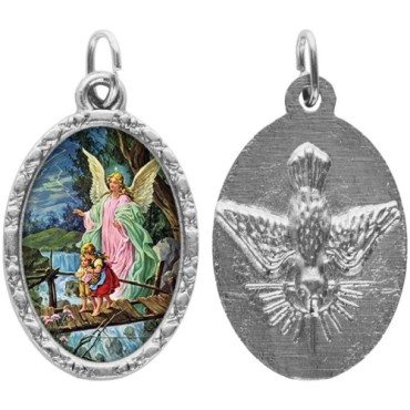 Médaille ovale métal argenté, rebord torsadé, résine. H : 2,5 cm. Différents Saints disponibles.