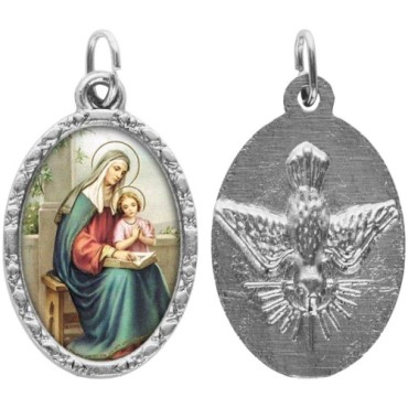 Médaille ovale métal argenté, rebord torsadé, résine. H : 2,5 cm. Différents Saints disponibles.
