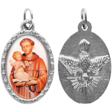 Médaille ovale métal argenté, rebord torsadé, résine. H : 2,5 cm. Différents Saints disponibles.