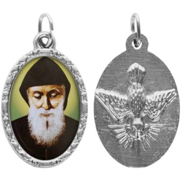Médaille ovale métal argenté, rebord torsadé, résine. H : 2,5 cm. Différents Saints disponibles.