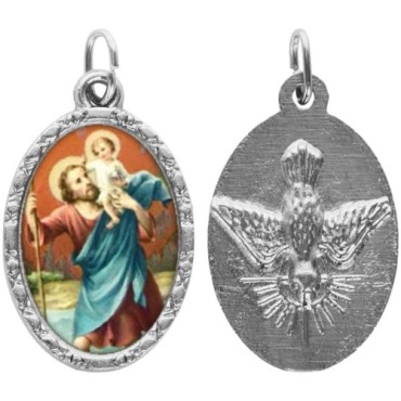 Médaille ovale métal argenté, rebord torsadé, résine. H : 2,5 cm. Différents Saints disponibles.