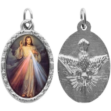 Médaille ovale métal argenté, rebord torsadé, résine. H : 2,5 cm. Différents Saints disponibles.