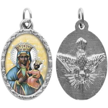 Médaille ovale métal argenté, rebord torsadé, résine. H : 2,5 cm. Différents Saints disponibles.