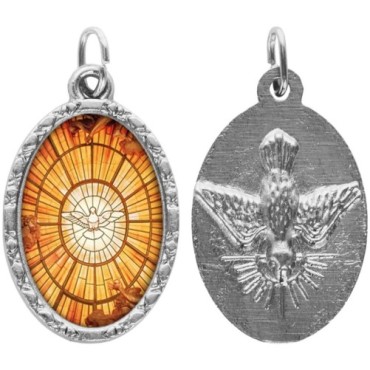 Médaille ovale métal argenté, rebord torsadé, résine. H : 2,5 cm. Différents Saints disponibles.