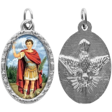 Médaille ovale métal argenté, rebord torsadé, résine. H : 2,5 cm. Différents Saints disponibles.