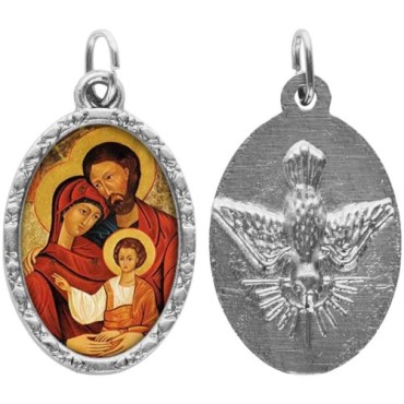 Médaille ovale métal argenté, rebord torsadé, résine. H : 2,5 cm. Différents Saints disponibles.