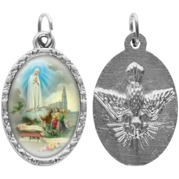 Médaille ovale métal argenté, rebord torsadé, résine. H : 2,5 cm. Différents Saints disponibles.