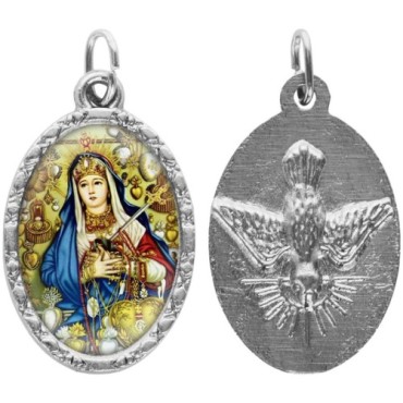 Médaille ovale métal argenté, rebord torsadé, résine. H : 2,5 cm. Différents Saints disponibles.