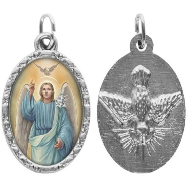 Médaille ovale métal argenté, rebord torsadé, résine. H : 2,5 cm. Différents Saints disponibles.