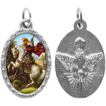 Médaille ovale métal argenté, rebord torsadé, résine. H : 2,5 cm. Différents Saints disponibles.