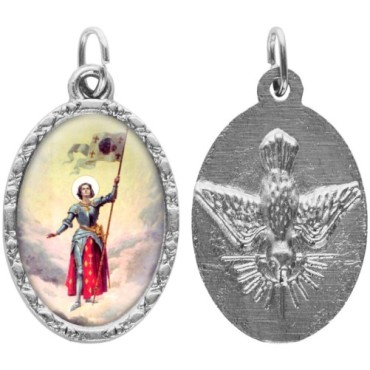 Médaille ovale métal argenté, rebord torsadé, résine. H : 2,5 cm. Différents Saints disponibles.