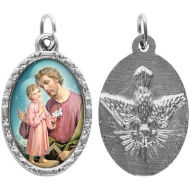 Médaille ovale métal argenté, rebord torsadé, résine. H : 2,5 cm. Différents Saints disponibles.