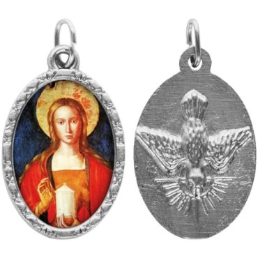 Médaille ovale métal argenté, rebord torsadé, résine. H : 2,5 cm. Différents Saints disponibles.