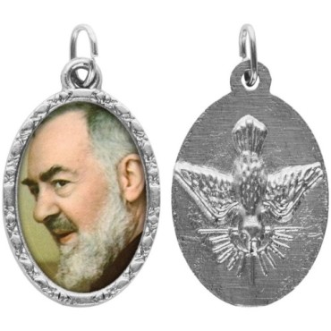 Médaille ovale métal argenté, rebord torsadé, résine. H : 2,5 cm. Différents Saints disponibles.