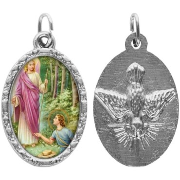Médaille ovale métal argenté, rebord torsadé, résine. H : 2,5 cm. Différents Saints disponibles.