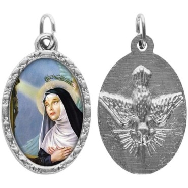 Médaille ovale métal argenté, rebord torsadé, résine. H : 2,5 cm. Différents Saints disponibles.