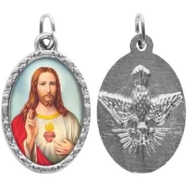 Médaille ovale métal argenté, rebord torsadé, résine. H : 2,5 cm. Différents Saints disponibles.