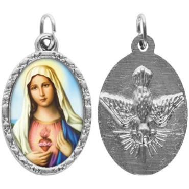 Médaille ovale métal argenté, rebord torsadé, résine. H : 2,5 cm. Différents Saints disponibles.