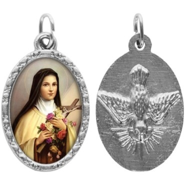 Médaille ovale métal argenté, rebord torsadé, résine. H : 2,5 cm. Différents Saints disponibles.