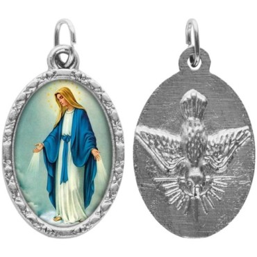 Médaille ovale métal argenté, rebord torsadé, résine. H : 2,5 cm. Différents Saints disponibles.