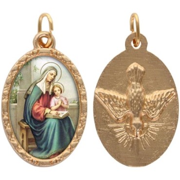 Médaille ovale métal doré, rebord torsadé, résine. H : 2,5 cm. Différents Saints disponibles.