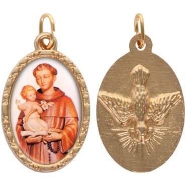 Médaille ovale métal doré, rebord torsadé, résine. H : 2,5 cm. Différents Saints disponibles.