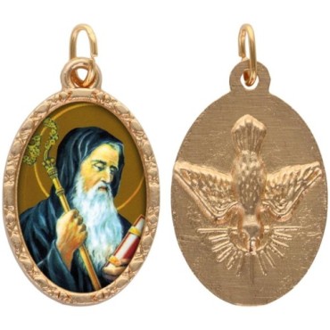 Médaille ovale métal doré, rebord torsadé, résine. H : 2,5 cm. Différents Saints disponibles.