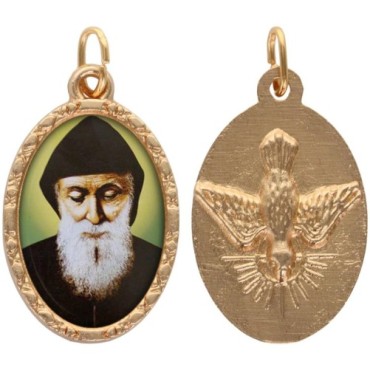Médaille ovale métal doré, rebord torsadé, résine. H : 2,5 cm. Différents Saints disponibles.
