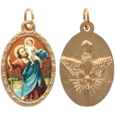 Médaille ovale métal doré, rebord torsadé, résine. H : 2,5 cm. Différents Saints disponibles.