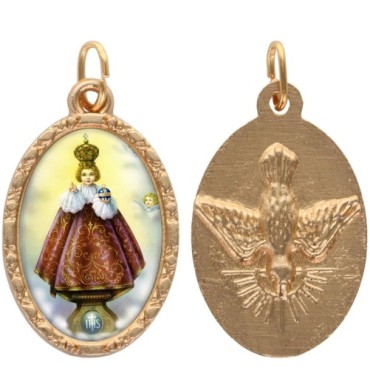 Médaille ovale métal doré, rebord torsadé, résine. H : 2,5 cm. Différents Saints disponibles.