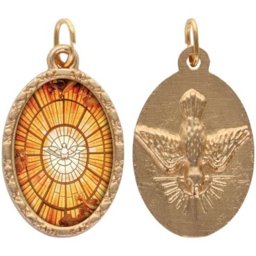 Médaille ovale métal doré, rebord torsadé, résine. H : 2,5 cm. Différents Saints disponibles.