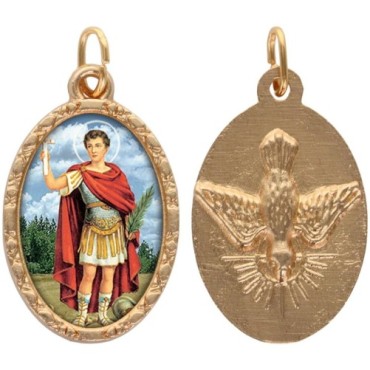 Médaille ovale métal doré, rebord torsadé, résine. H : 2,5 cm. Différents Saints disponibles.