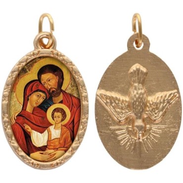 Médaille ovale métal doré, rebord torsadé, résine. H : 2,5 cm. Différents Saints disponibles.