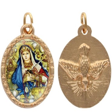Médaille ovale métal doré, rebord torsadé, résine. H : 2,5 cm. Différents Saints disponibles.