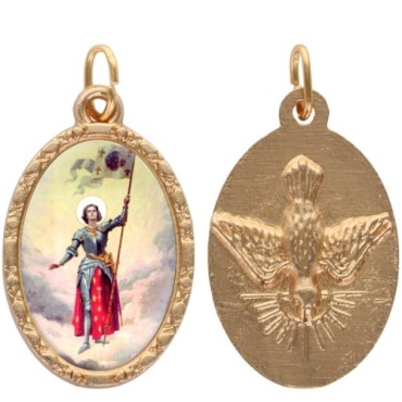 Médaille ovale métal doré, rebord torsadé, résine. H : 2,5 cm. Différents Saints disponibles.