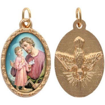 Médaille ovale métal doré, rebord torsadé, résine. H : 2,5 cm. Différents Saints disponibles.