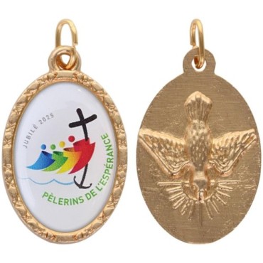 Médaille ovale métal doré, rebord torsadé, résine. H : 2,5 cm. Différents Saints disponibles.