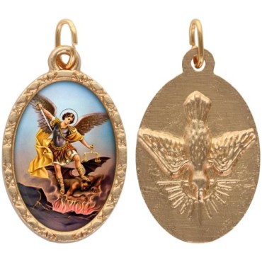 Médaille ovale métal doré, rebord torsadé, résine. H : 2,5 cm. Différents Saints disponibles.