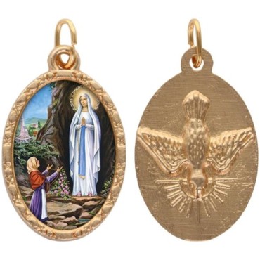Médaille ovale métal doré, rebord torsadé, résine. H : 2,5 cm. Différents Saints disponibles.