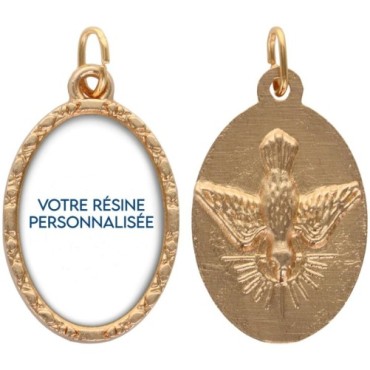 Médaille ovale métal doré, rebord torsadé, résine. H : 2,5 cm. Différents Saints disponibles.