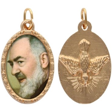 Médaille ovale métal doré, rebord torsadé, résine. H : 2,5 cm. Différents Saints disponibles.
